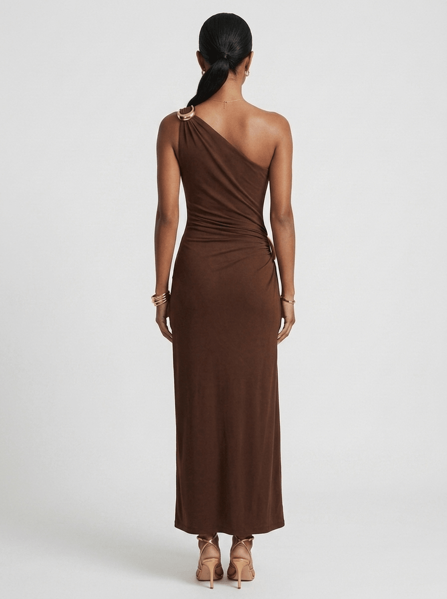 Angela | Iconic Ruched Formal Midi Dress – Gold Hardware - HoneyvineDress