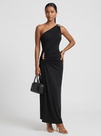 Angela | Iconic Ruched Formal Midi Dress – Gold Hardware - HoneyvineDress