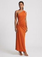 Angela | Iconic Ruched Formal Midi Dress – Gold Hardware - HoneyvineDress