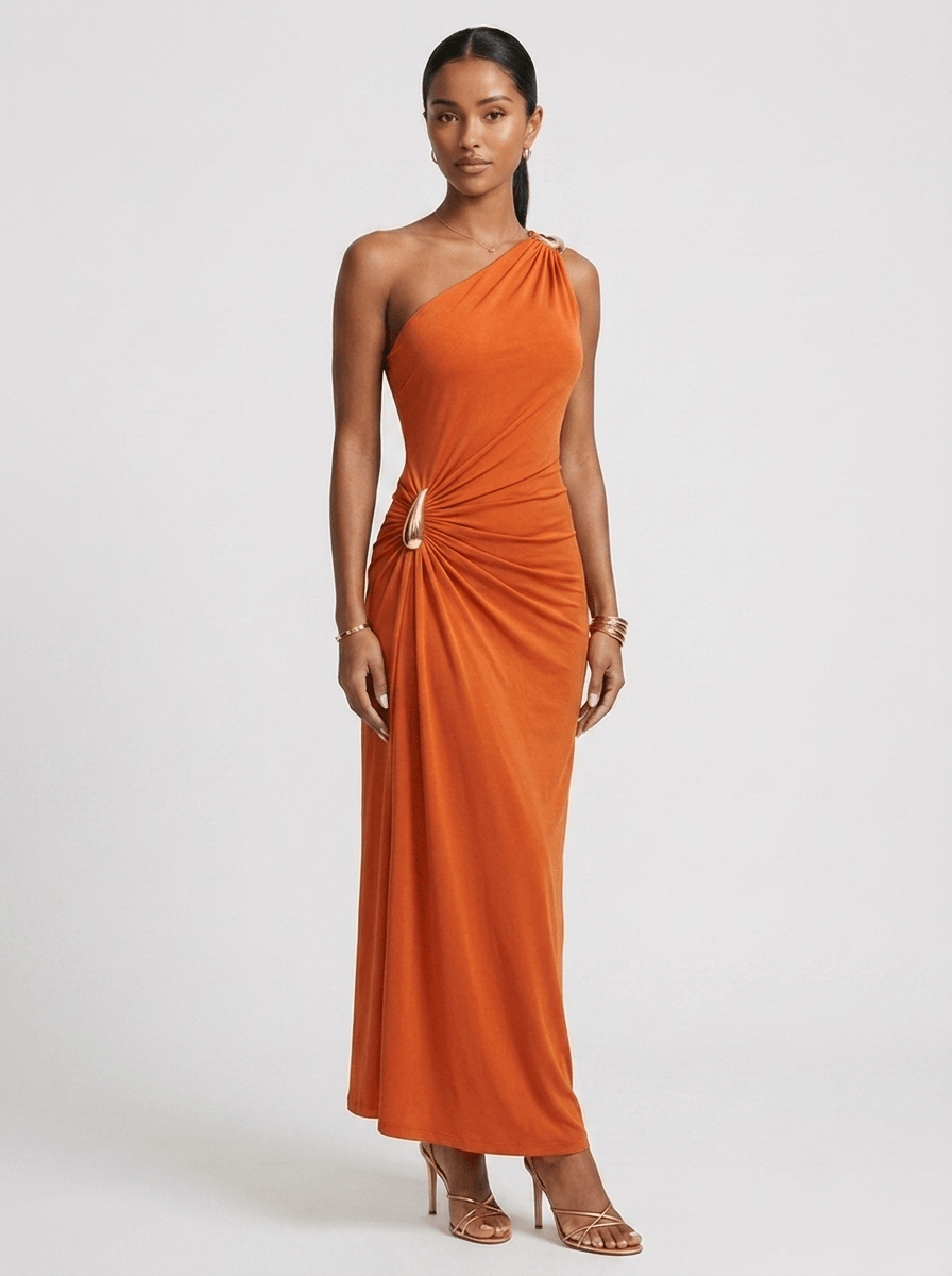Angela | Iconic Ruched Formal Midi Dress – Gold Hardware - HoneyvineDress