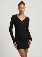 Carolyn | Modern Black Ribbed Mini – Long Sleeve - HoneyvineDress