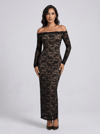 Joyce | Bold Black Off - Shoulder Lace Midi Cocktail Dress - HoneyvineDress