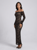 Joyce | Bold Black Off - Shoulder Lace Midi Cocktail Dress - HoneyvineDress