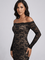 Joyce | Bold Black Off - Shoulder Lace Midi Cocktail Dress - HoneyvineDress