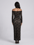Joyce | Bold Black Off - Shoulder Lace Midi Cocktail Dress - HoneyvineDress