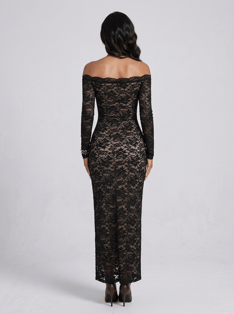 Joyce | Bold Black Off - Shoulder Lace Midi Cocktail Dress - HoneyvineDress