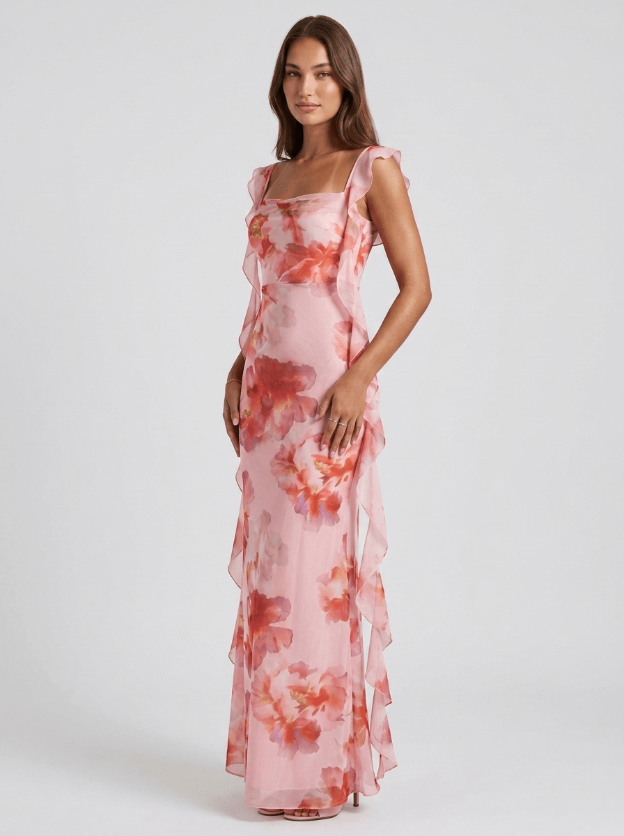 Audrey | Romantic Floral Summer Midi Ruffle Dress - HoneyvineDress
