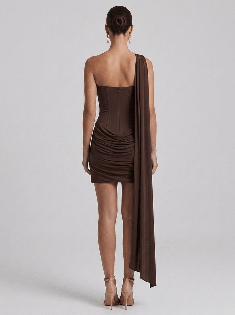 Susan | Chic One Shoulder Ruched Mini Cocktail Dress - HoneyvineDress