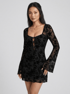 Zoe | Trendy Black Lace Cutout Mini Dress with Bell Sleeves - HoneyvineDress