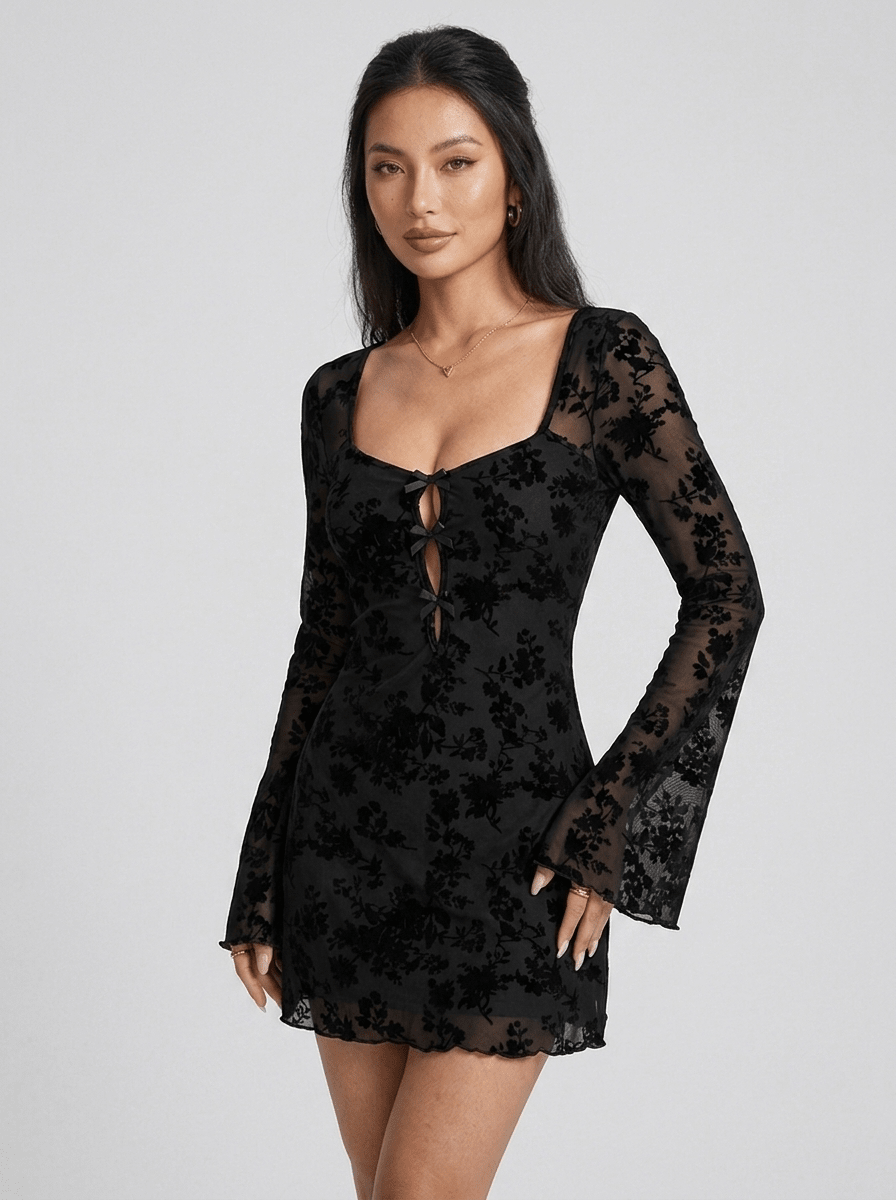 Zoe | Trendy Black Lace Cutout Mini Dress with Bell Sleeves - HoneyvineDress