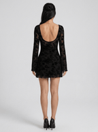 Zoe | Trendy Black Lace Cutout Mini Dress with Bell Sleeves - HoneyvineDress