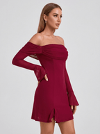 Irene | Iconic Off - Shoulder Long Sleeve Mini Dress - HoneyvineDress