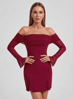 Irene | Iconic Off - Shoulder Long Sleeve Mini Dress - HoneyvineDress