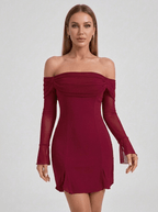 Irene | Iconic Off - Shoulder Long Sleeve Mini Dress - HoneyvineDress