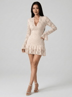 Camilla | Ethereal Floral Lace Deep V Neck Mini Dress with Ruffle Hem - HoneyvineDress