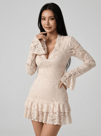 Camilla | Ethereal Floral Lace Deep V Neck Mini Dress with Ruffle Hem - HoneyvineDress