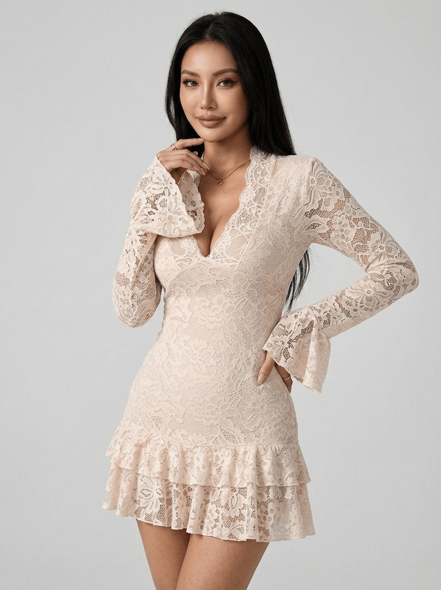 Camilla | Ethereal Floral Lace Deep V Neck Mini Dress with Ruffle Hem - HoneyvineDress