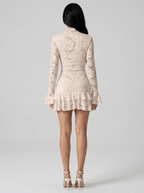 Camilla | Ethereal Floral Lace Deep V Neck Mini Dress with Ruffle Hem - HoneyvineDress
