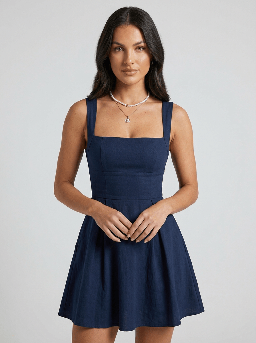 Eve | Feminine Navy Blue Skater Mini Casual Summer Dress - HoneyvineDress
