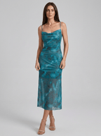 Evelyn | Bold Ruched Mesh Midi Party Dress - HoneyvineDress