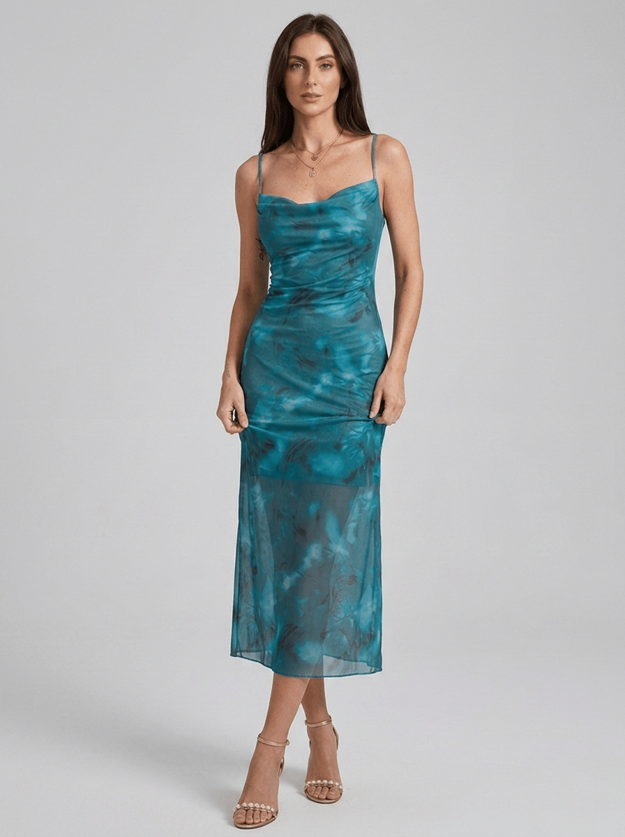 Evelyn | Bold Ruched Mesh Midi Party Dress - HoneyvineDress