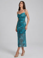 Evelyn | Bold Ruched Mesh Midi Party Dress - HoneyvineDress