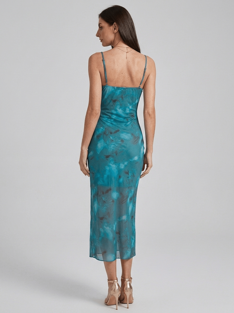 Evelyn | Bold Ruched Mesh Midi Party Dress - HoneyvineDress