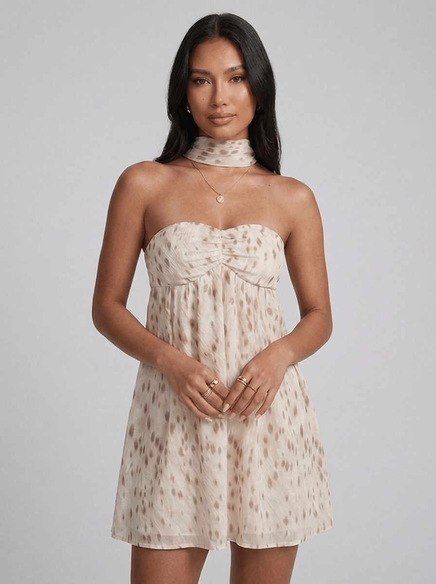 Valentina | Sweet Babydoll Mini Dress with Neck Scarf - HoneyvineDress
