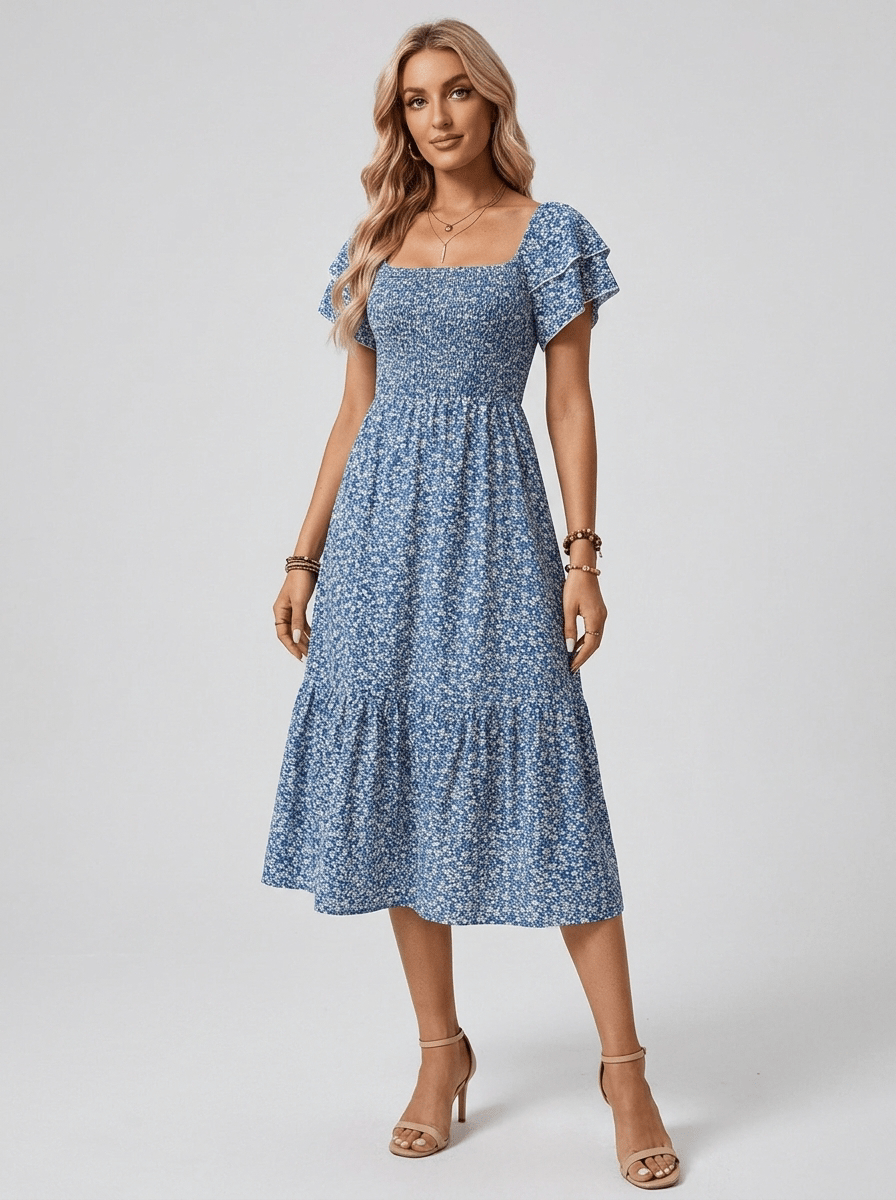 Lillian | Flowing Floral Midi Summer Holiday Dress - HoneyvineDress