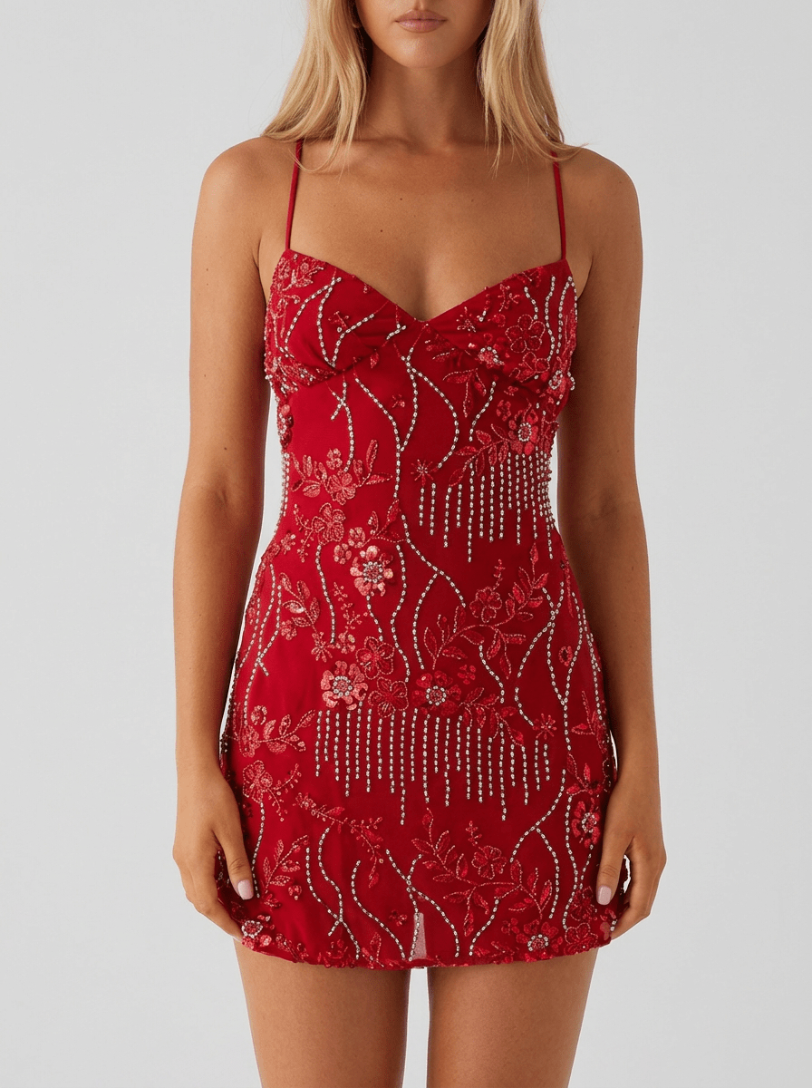 Ashley | Sweet Floral Embroidered Mini Holiday Dress - HoneyvineDress