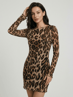 Artemis | Trendy Leopard Backless Long Sleeve Mini Dress - HoneyvineDress