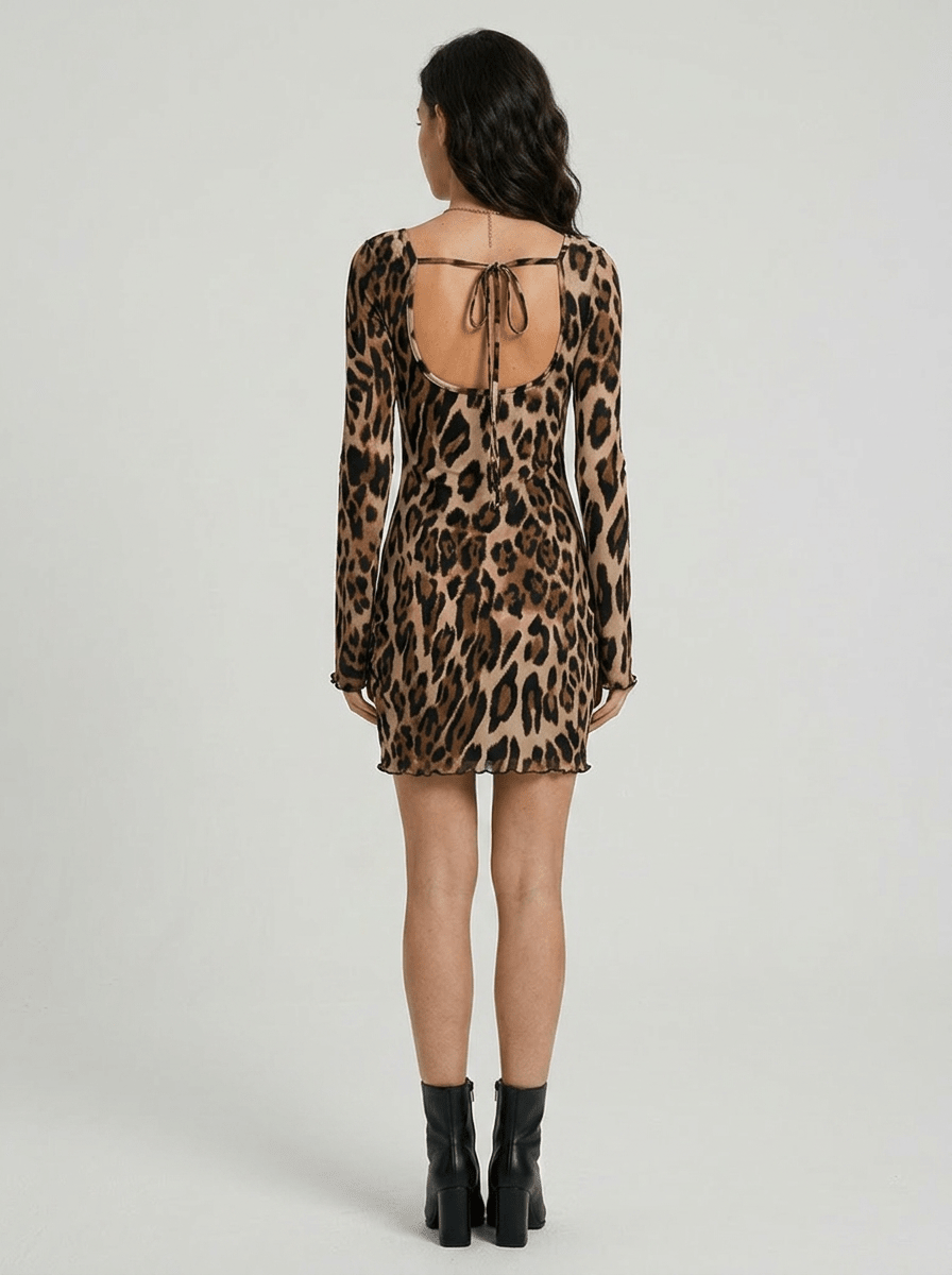 Artemis | Trendy Leopard Backless Long Sleeve Mini Dress - HoneyvineDress