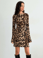 Artemis | Trendy Leopard Backless Long Sleeve Mini Dress - HoneyvineDress