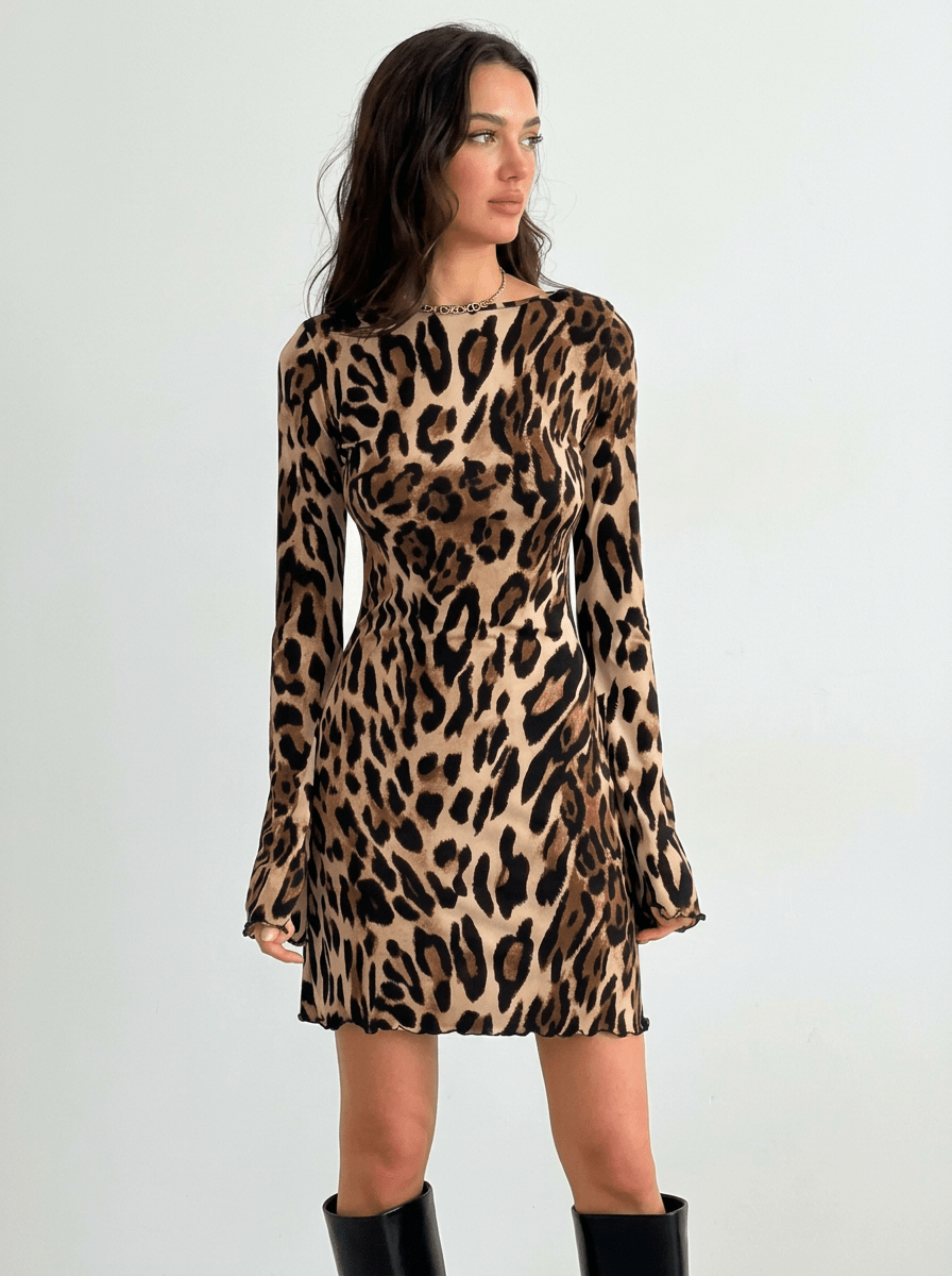 Artemis | Trendy Leopard Backless Long Sleeve Mini Dress - HoneyvineDress