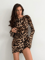 Artemis | Trendy Leopard Backless Long Sleeve Mini Dress - HoneyvineDress