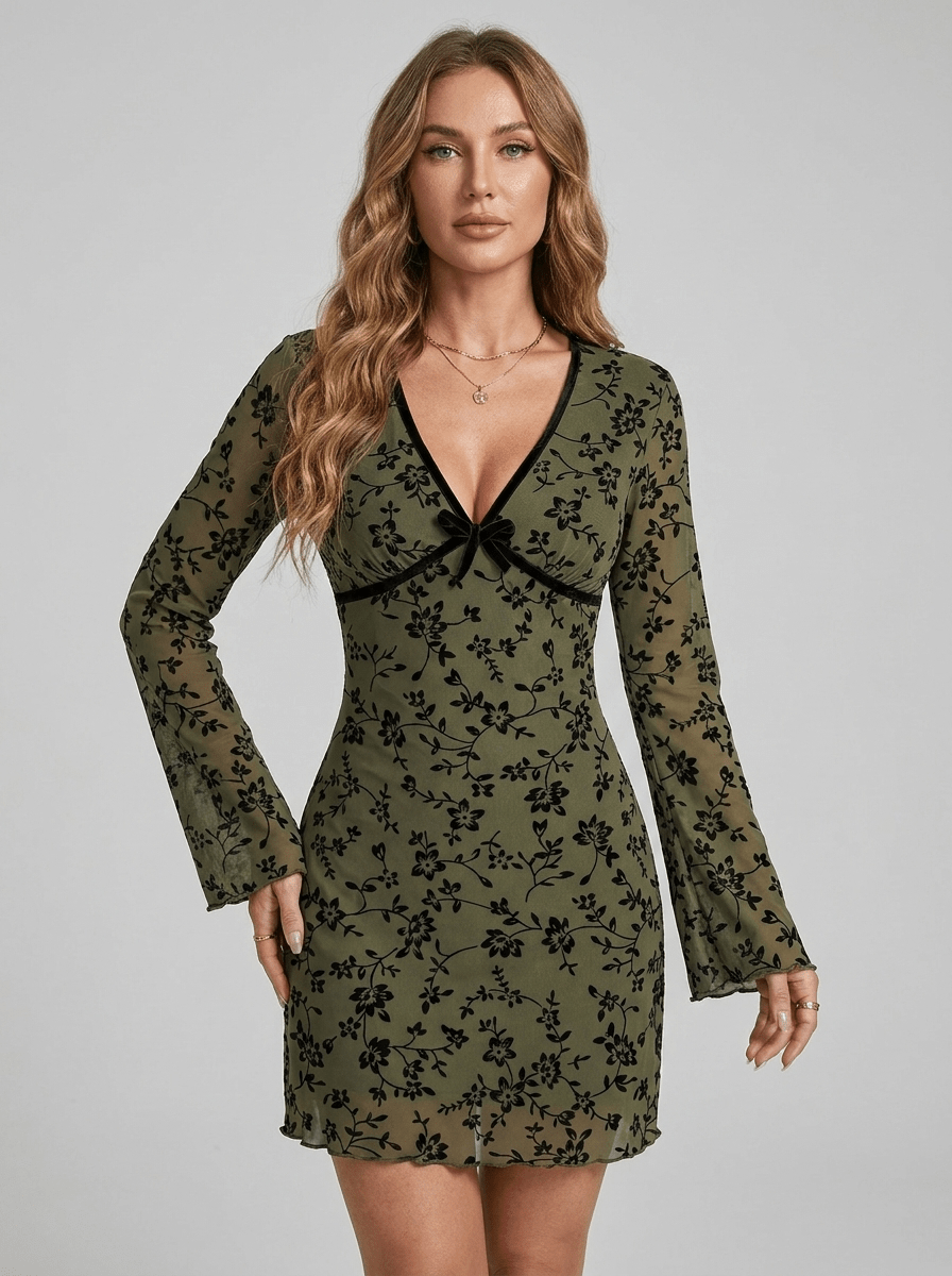 Alison | Sleek Floral Print Flare Sleeve Mini Dress - HoneyvineDress