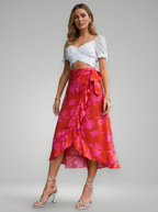 Marlene | Bright Red Floral Wrap Midi Skirt