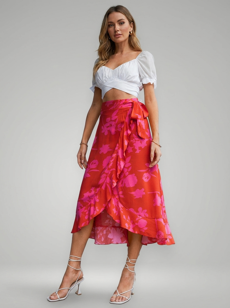 Marlene | Bright Red Floral Wrap Midi Skirt