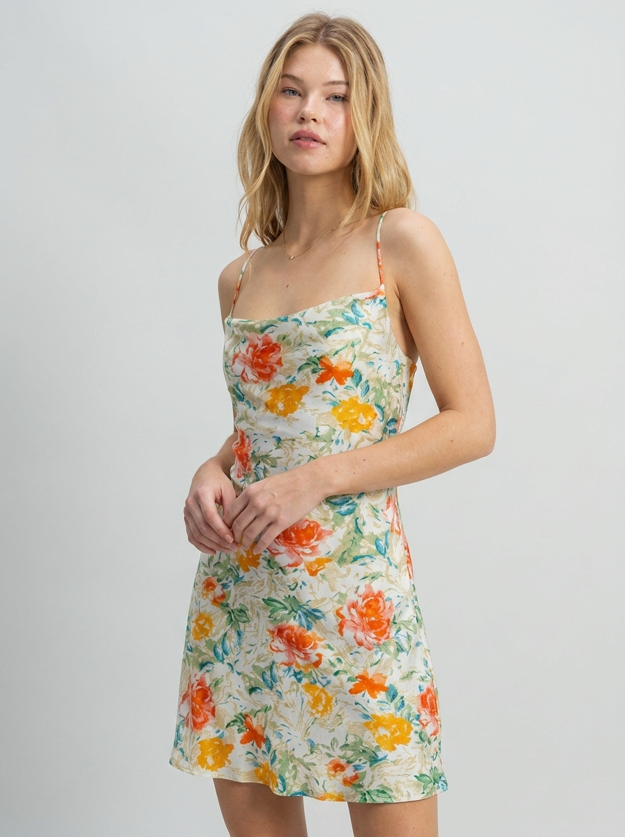Louisa | Energetic Floral Satin Mini Summer Dress