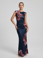 Nina | Elegant Black Floral Print Evening Dress