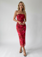 Yara | Vibrant Strapless Midi Dress with Floral Pattern