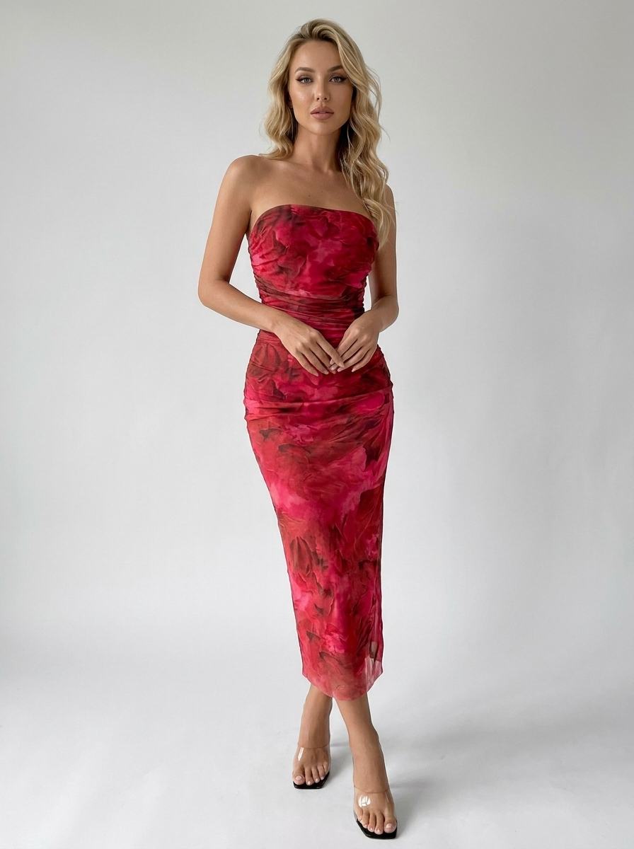 Yara | Vibrant Strapless Midi Dress with Floral Pattern