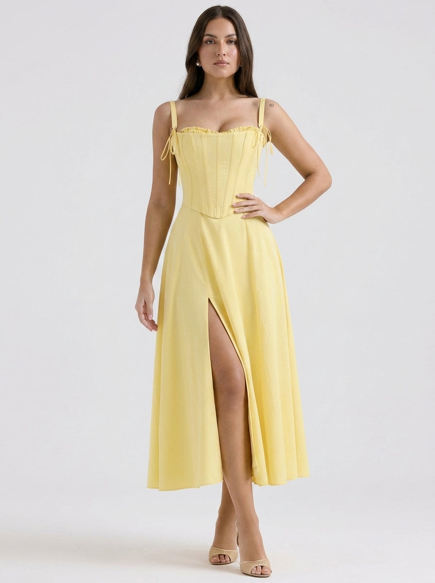 Olivia | Trendy Corset A-Line Slit Midi Cocktail Dress