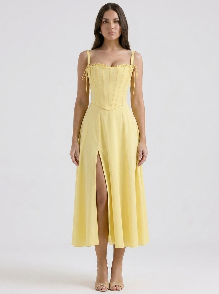 Olivia | Trendy Corset A-Line Slit Midi Cocktail Dress