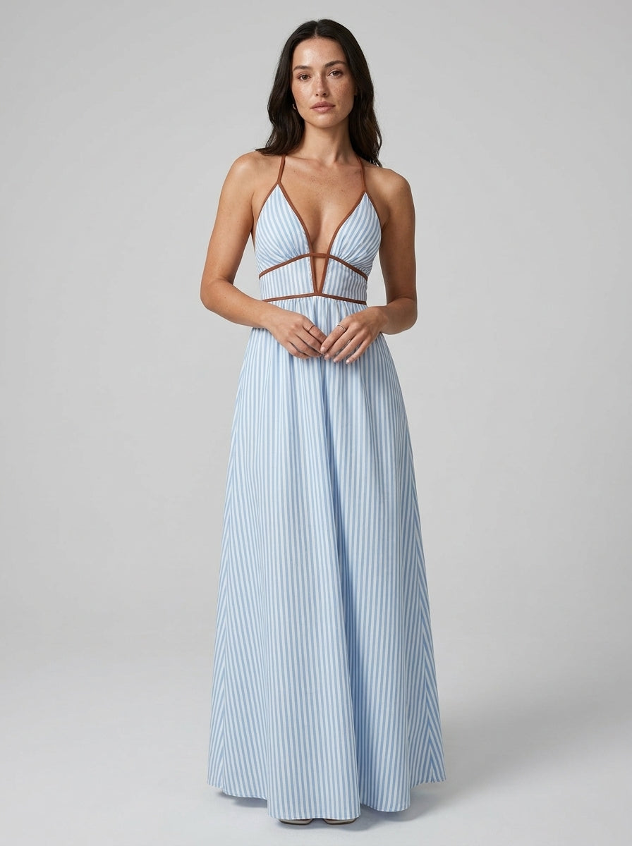 Nora | Eye-catching Striped Maxi Dress – Cutout Halter Summer Dress