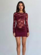 Amy | Lace Sheer Cutout Back Long Sleeve Party Dress - HoneyvineDress