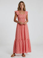 Gingham Smocked Ruffle Maxi Summer Dress - HoneyvineDress