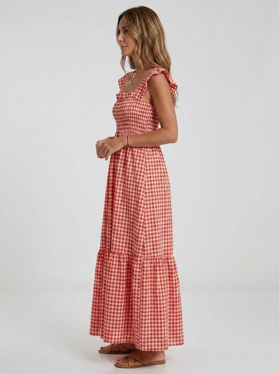 Gingham Smocked Ruffle Maxi Summer Dress