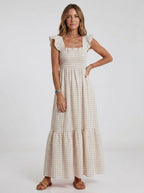 Gingham Smocked Ruffle Maxi Summer Dress - HoneyvineDress