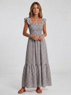 Gingham Smocked Ruffle Maxi Summer Dress - HoneyvineDress